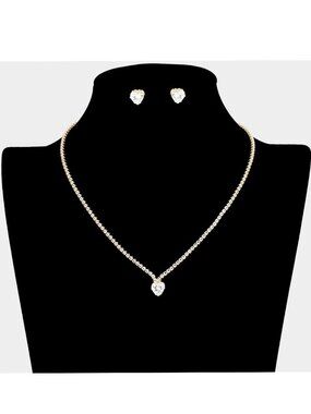 Gold Heart Rhinestone Cubic Zirconia Necklace Set Prom Bridal Evening Formal